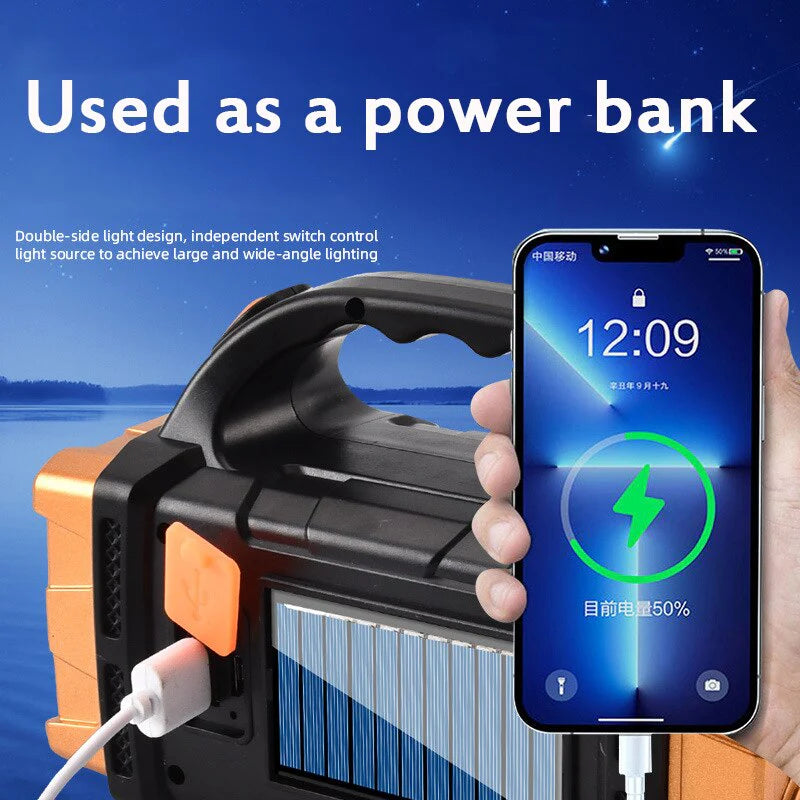 Lampe Solaire + Power Bank — Projecteur 4 LED & COB, Anti-Coupure SEEG